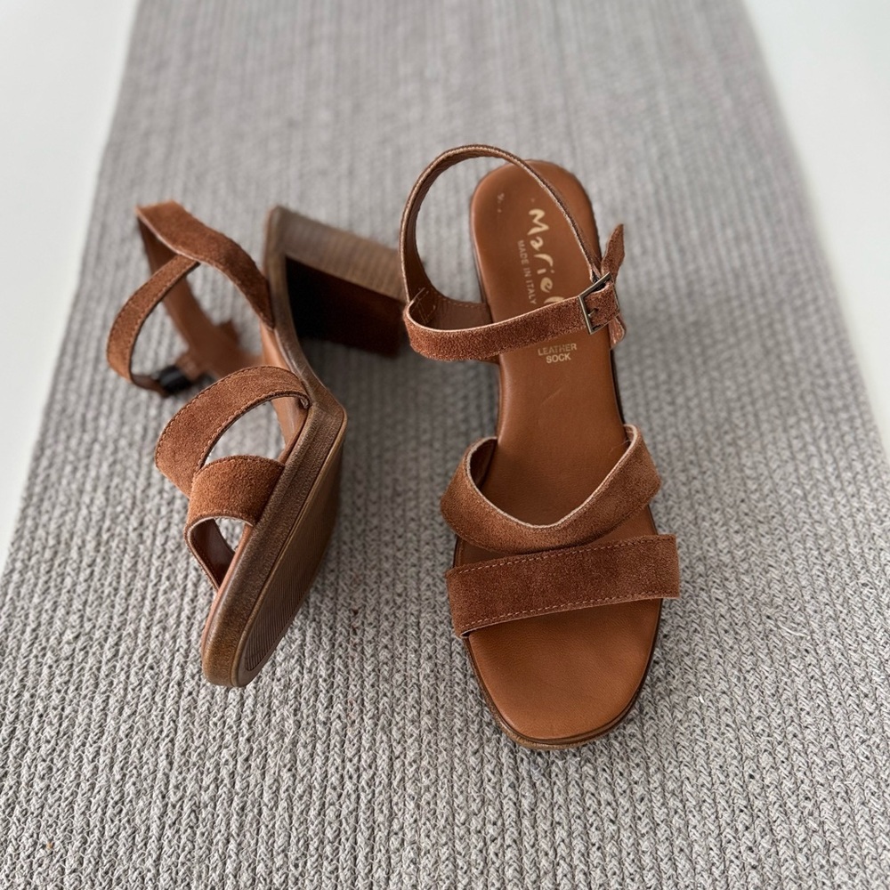 Mariella Brown Suede Leather Strappy Block Heels Sandals Made in Italy Size 9